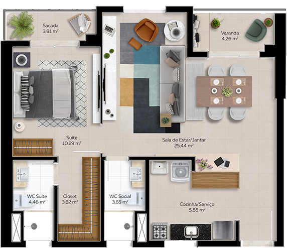 Planta tipo B - 61,38m² | Sala ampliada | 1 Suíte | WC social | 1 ou 2 vagas