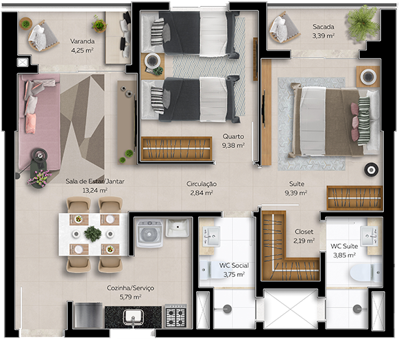 Planta tipo C - 58,07m² | 2 quartos (1 suíte) | WC Social | 1 ou 2 vagas