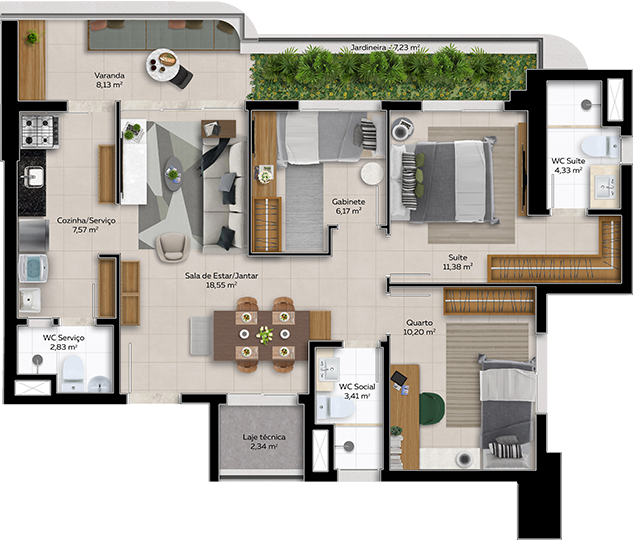 Planta tipo D - 82,14m² - Jardineira | 2 quartos (1 suíte) | WC social | Gabinete Social | WC serviço | 2 vagas